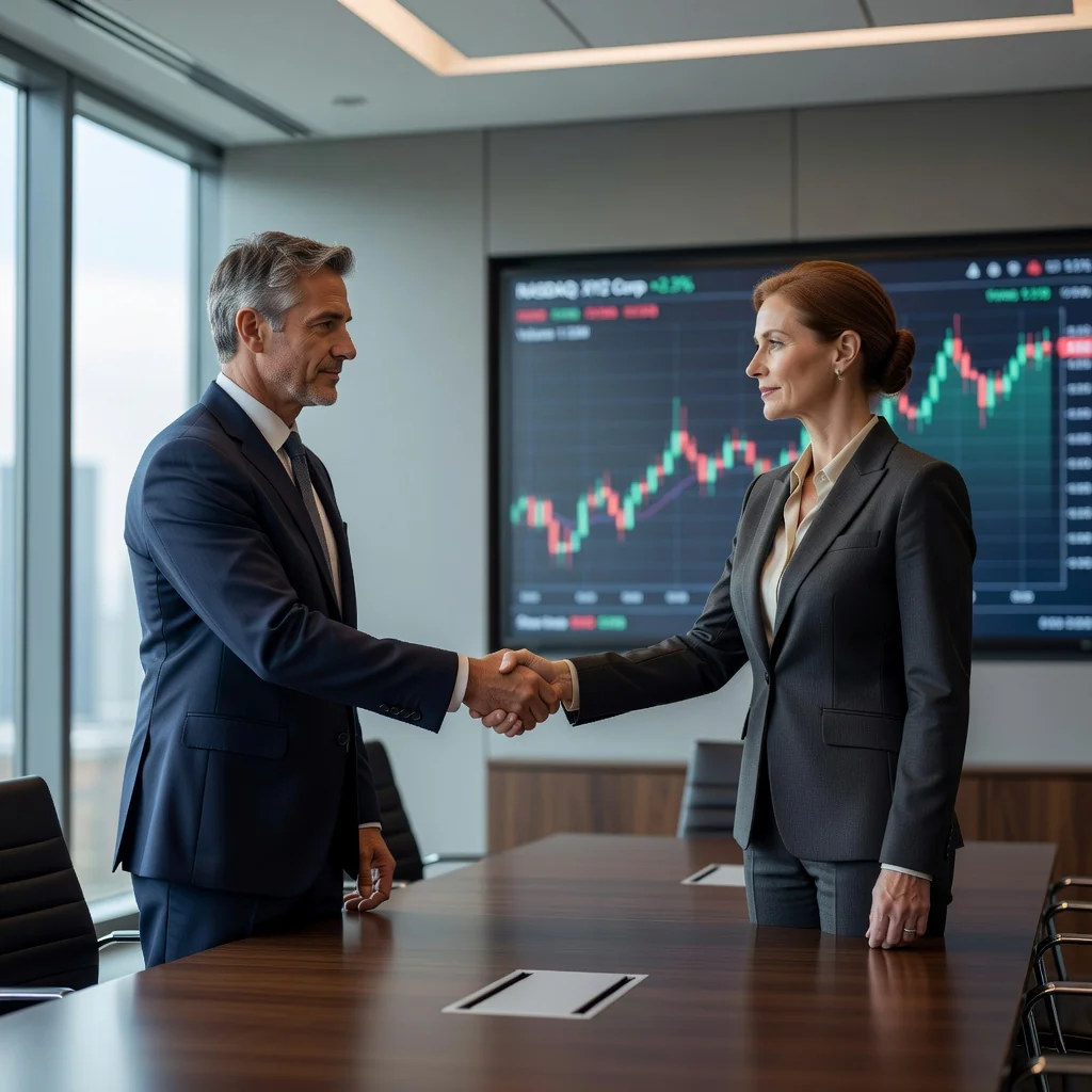 A photorealistic image depicting a professional business meeting where adults are discussing and signing a stock transfer agreement, symbolizing the legal transfer of company shares without showing any documents or text.