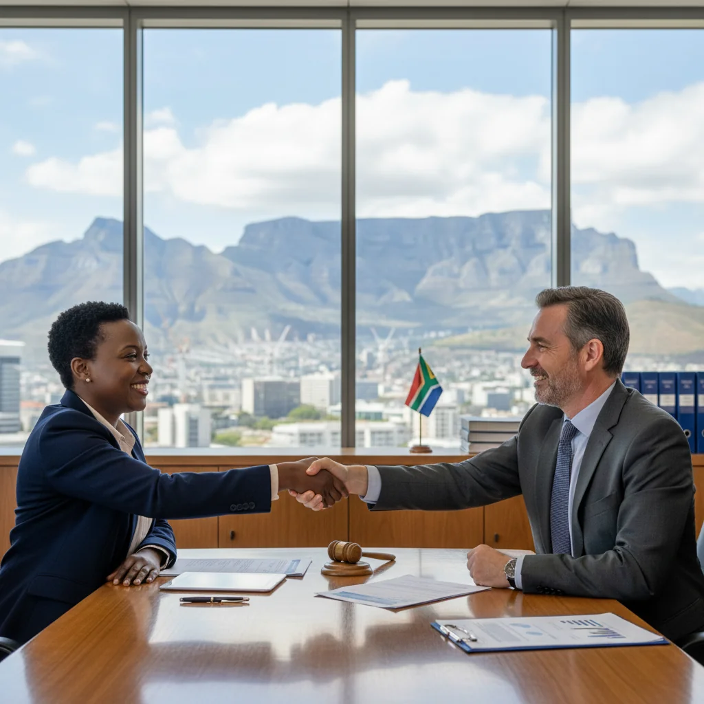 A photorealistic image of two professional adults shaking hands in a modern South African office, symbolizing a successful share transfer agreement, with subtle South African elements like a flag or skyline in the background.