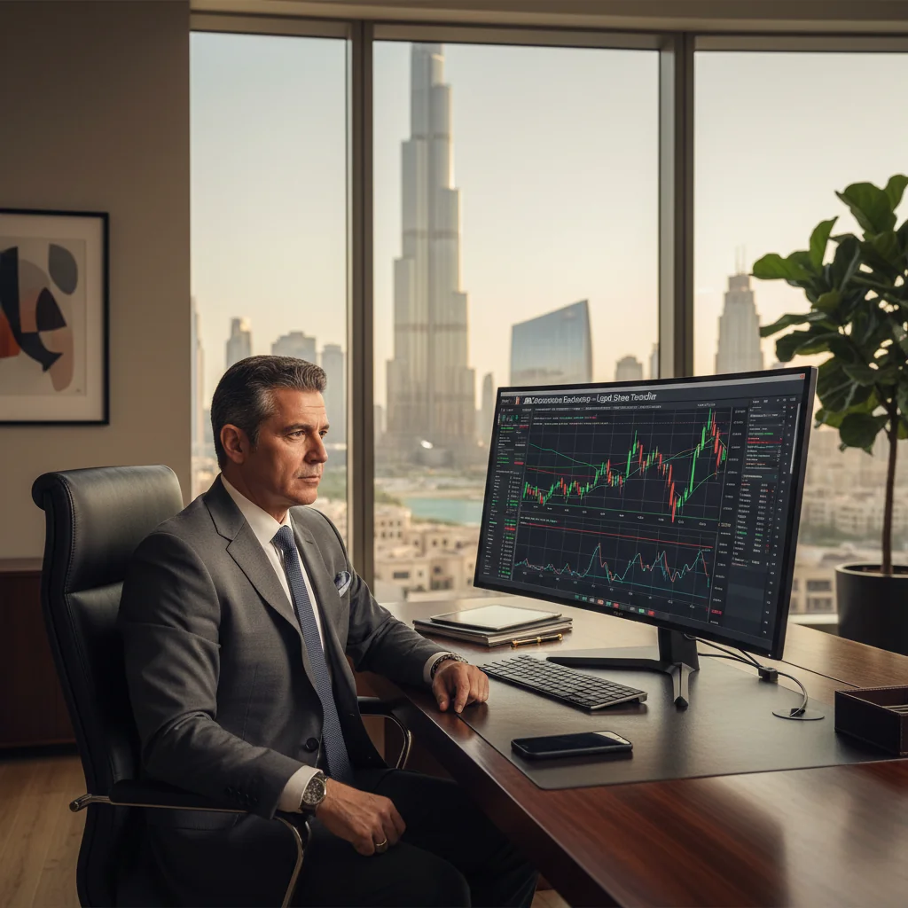 A photorealistic image of a professional businessperson in a modern UAE office setting, reviewing stock transfer agreements on a computer, symbolizing the legal process of stock transfers in the United Arab Emirates. The scene includes elements like UAE skyline in the background through a window, emphasizing business and finance without focusing on actual documents.