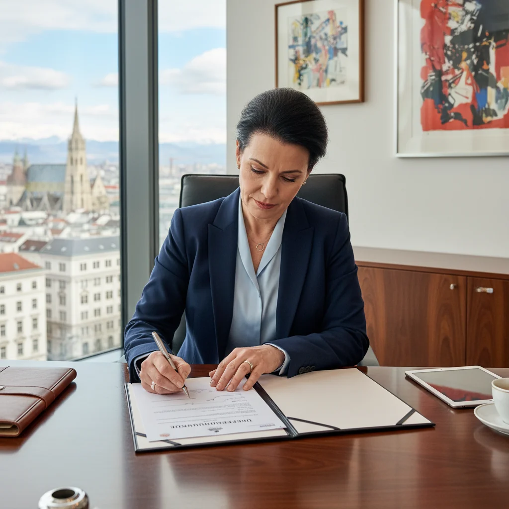 A photorealistic image of a professional adult signing a legal transfer document in an Austrian office setting, symbolizing the purpose of an Übertragungsformular for asset or property transfers, with subtle Austrian landmarks in the background, no children present.