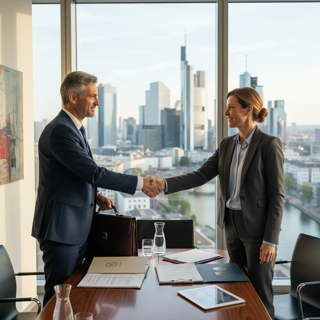 A photorealistic image of a professional business meeting in a modern German office, where adults are shaking hands over a table, symbolizing the transfer of shares in a company, with subtle German flag elements in the background, conveying trust and legal agreement without showing any documents.