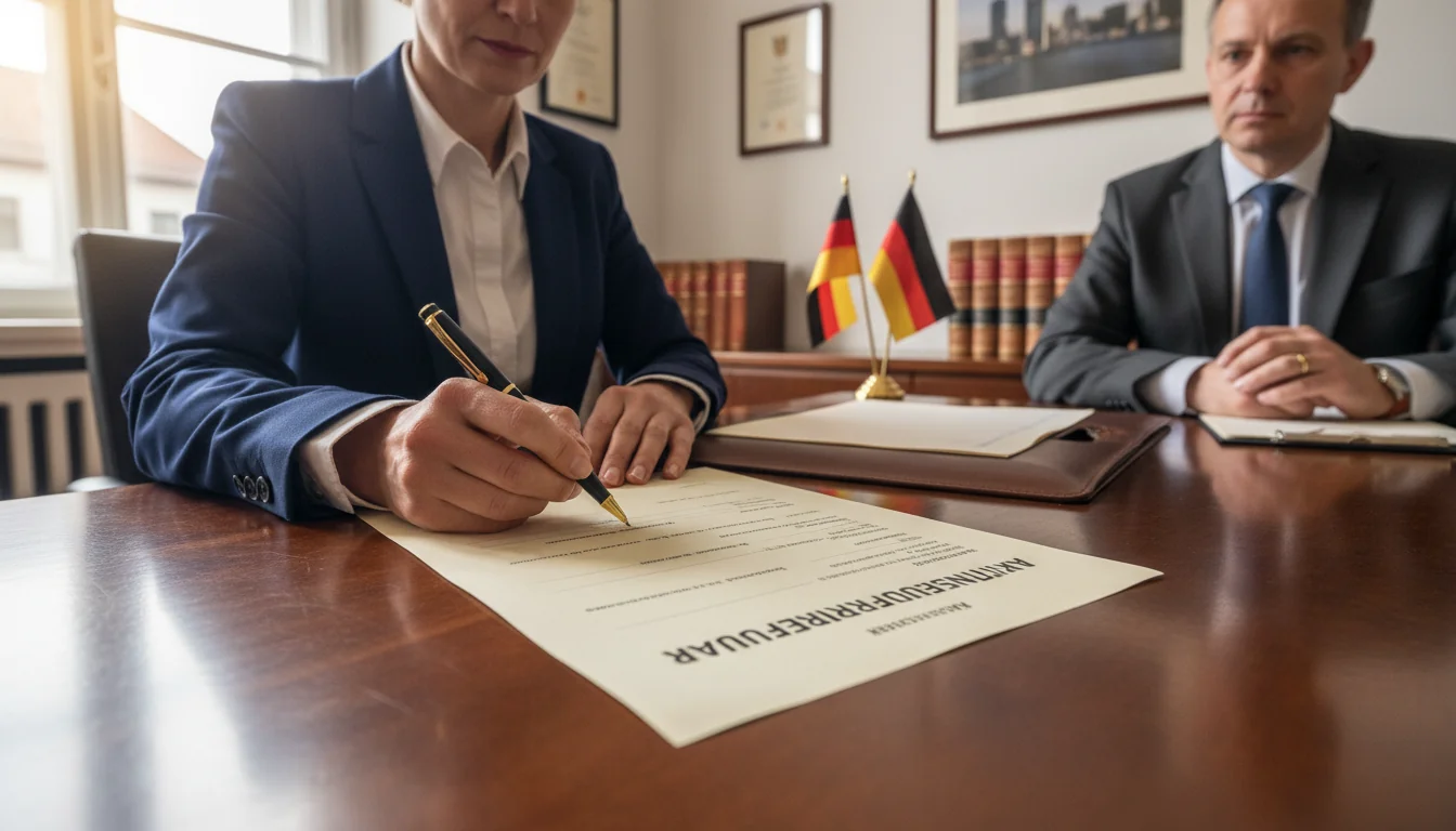 Signing stock transfer agreement in Germany.