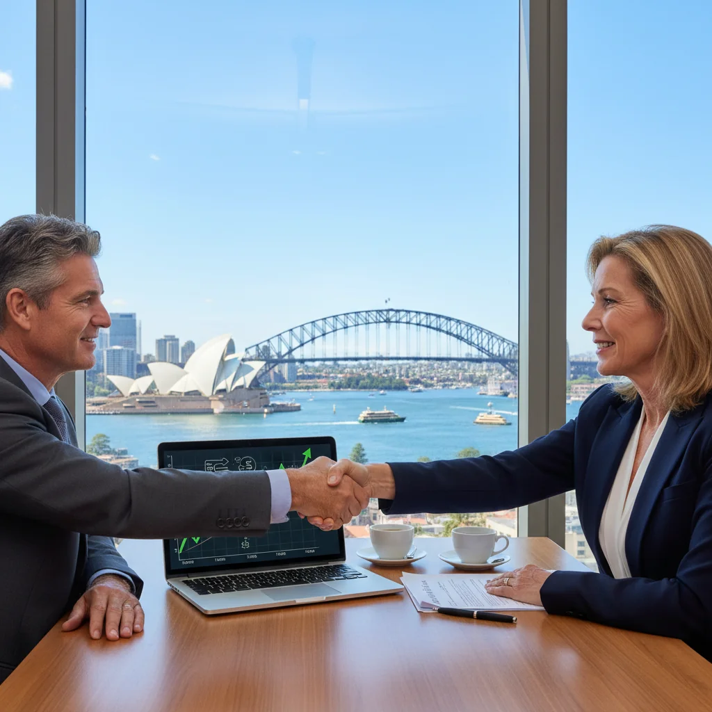 A photorealistic image representing the transfer of shares in an Australian business, showing two professional adults in a modern office shaking hands over a symbolic stock market chart on a computer screen, with Australian landmarks like the Sydney Opera House visible through a window, conveying partnership and business growth without focusing on any legal documents.