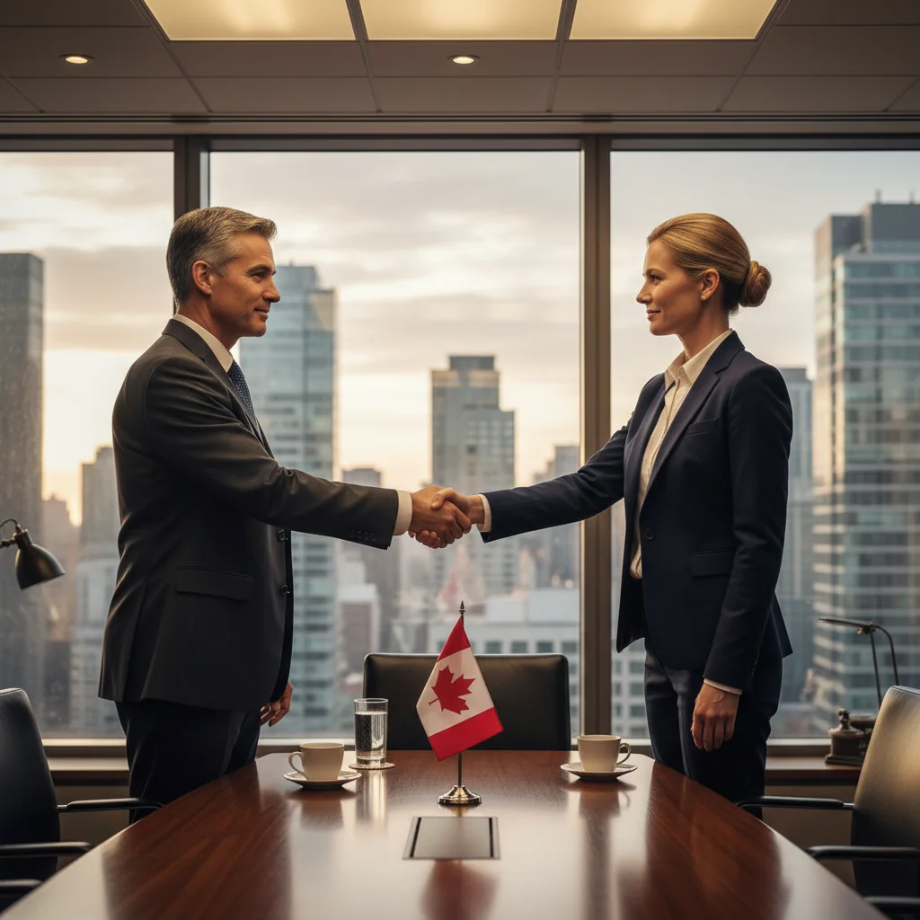 A photorealistic image representing stock transfer in a Canadian business context, showing a professional adult shaking hands with a business partner over a conference table in a modern office, with subtle Canadian elements like a maple leaf flag in the background, symbolizing agreement and transfer of ownership without focusing on documents.