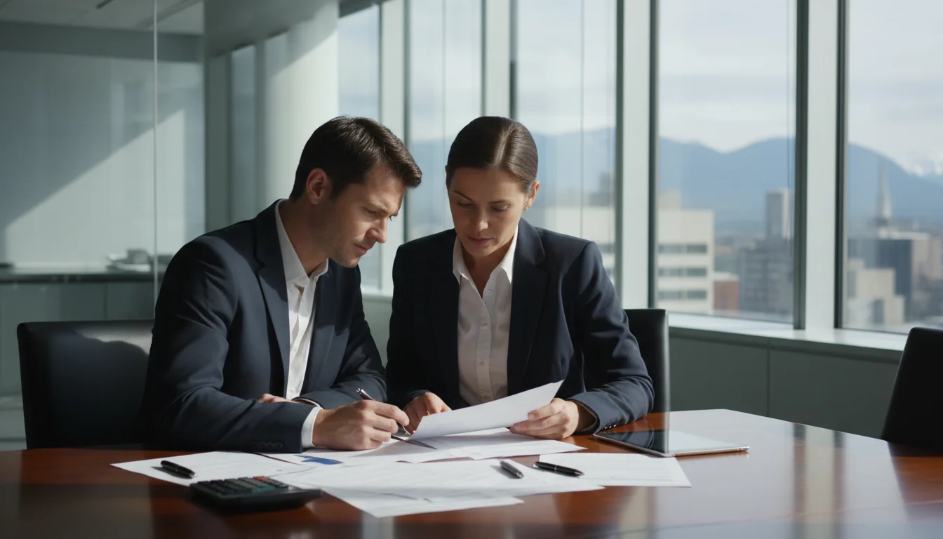 Business professionals reviewing transfer forms