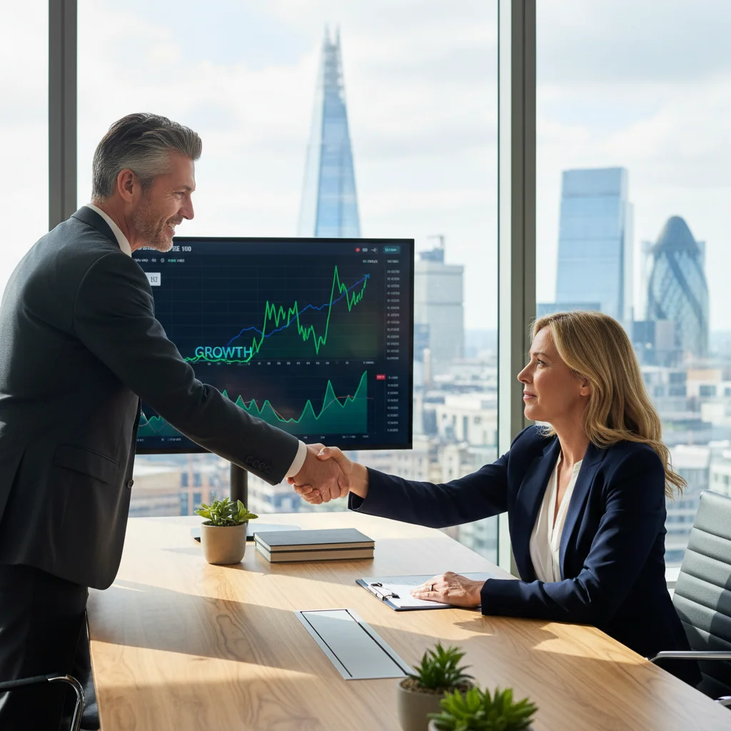 A photorealistic image of two professional adults in a modern office setting, shaking hands over a conference table with stock market charts and graphs displayed on a computer screen in the background, symbolizing a stock transfer agreement in the UK business context.