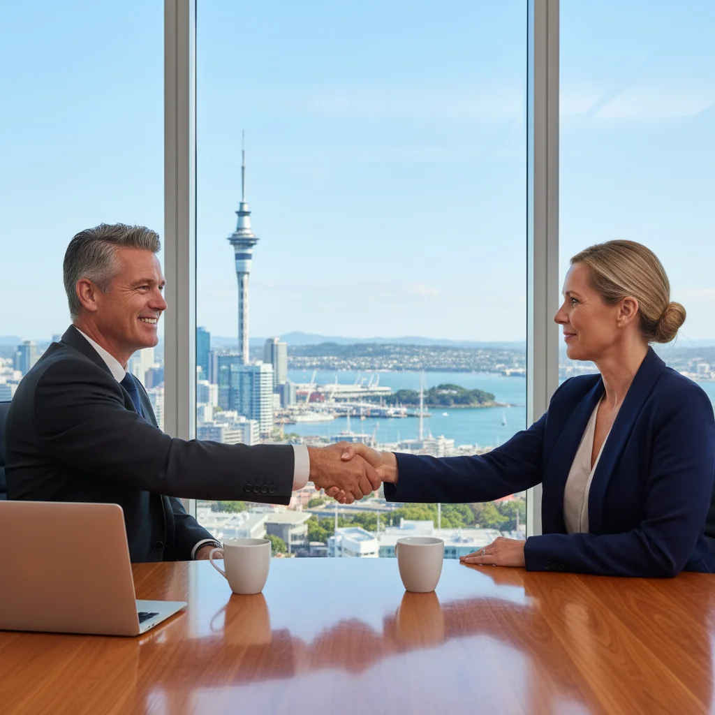 A photorealistic image depicting two adult business professionals in a modern New Zealand office, shaking hands over a desk with scenic views of Auckland skyline and harbor in the background, symbolizing a successful share transfer agreement between partners. No children are present in the image.