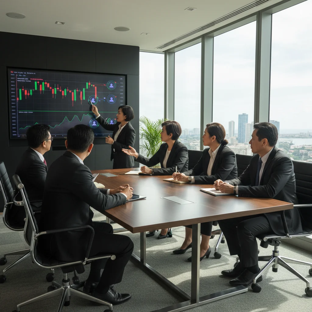 A professional scene in a modern Philippine office, showing a diverse group of adult business professionals reviewing stock transfer records on a computer screen, symbolizing the management and legal handling of company shares and ownership transfers, with Philippine flag elements in the background.
