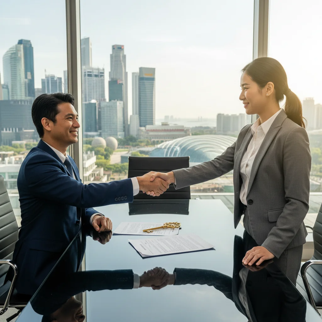 A photorealistic image of a professional adult shaking hands with another adult over a conference table in a modern Singapore office, symbolizing a property transfer agreement, with subtle Singapore skyline visible through the window, conveying trust and legal partnership.