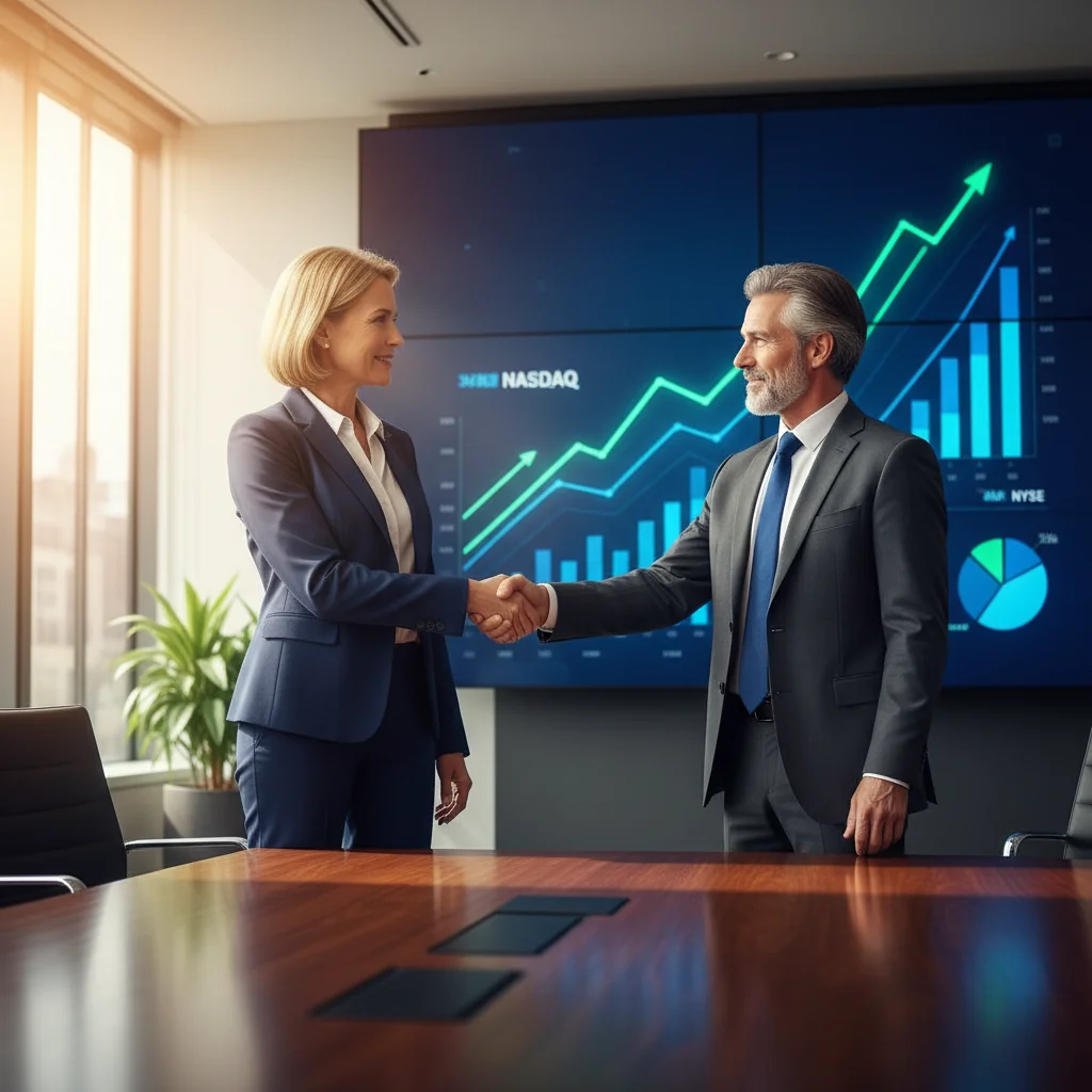 A photorealistic image of two professional adults in a modern office setting, shaking hands over a conference table with stock market charts and graphs displayed on a large screen in the background, symbolizing a successful stock transfer agreement. No children are present in the image.