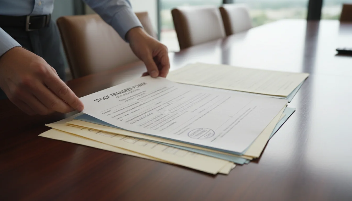 Stack of legal stock transfer documents