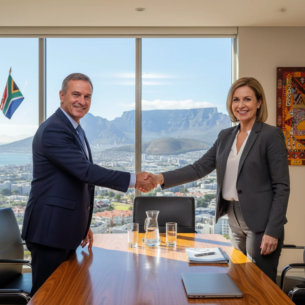 A photorealistic image depicting two professional adults in a modern South African office setting, shaking hands over a conference table with a scenic view of Table Mountain in the background through large windows, symbolizing a successful business share transfer agreement.