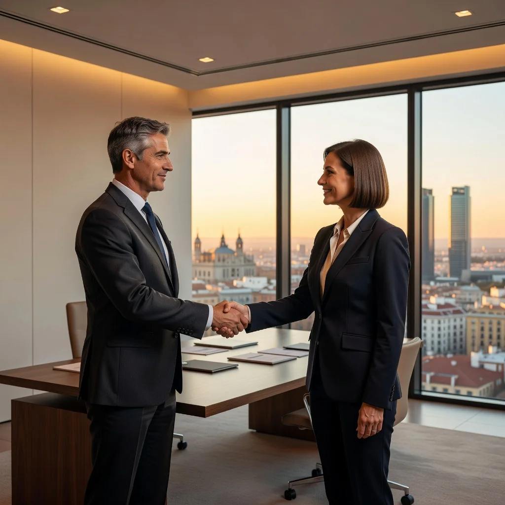 A photorealistic image of two professional adults in a modern Spanish office shaking hands over a business deal, symbolizing the transfer of shares or company ownership, with subtle Spanish elements like a flag or architecture in the background, conveying trust and legal agreement without showing any documents.