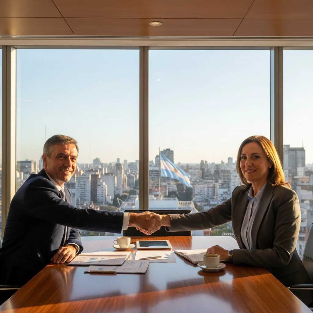 A photorealistic image depicting two professional adults in a modern office setting in Argentina, shaking hands over a conference table with a subtle Argentine flag in the background, symbolizing a business stock transfer agreement.