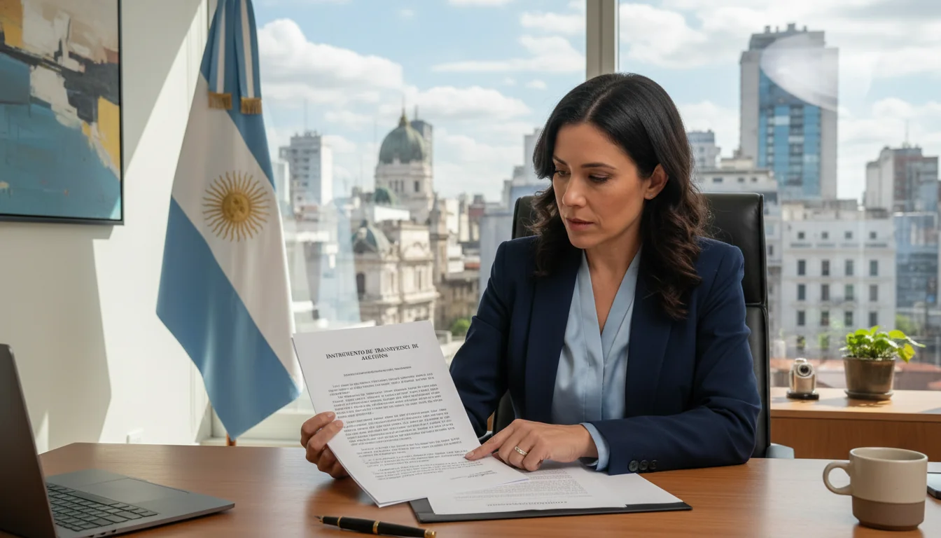 Argentine lawyer reviewing stock transfer contract