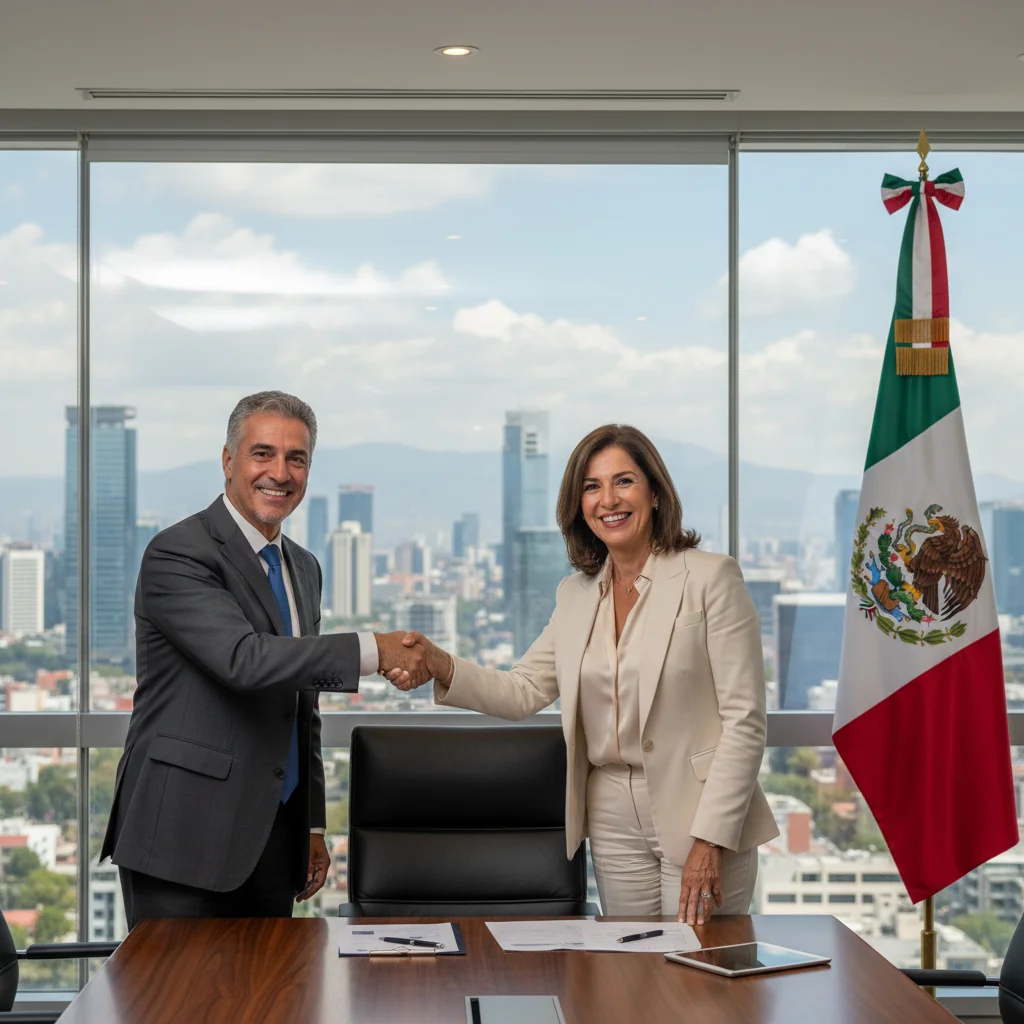 A professional business meeting in a modern Mexican office where two adults are shaking hands over a table, symbolizing the transfer of shares in a company, with subtle Mexican elements like a flag or cityscape in the background. The image conveys trust, agreement, and business partnership without showing any documents.