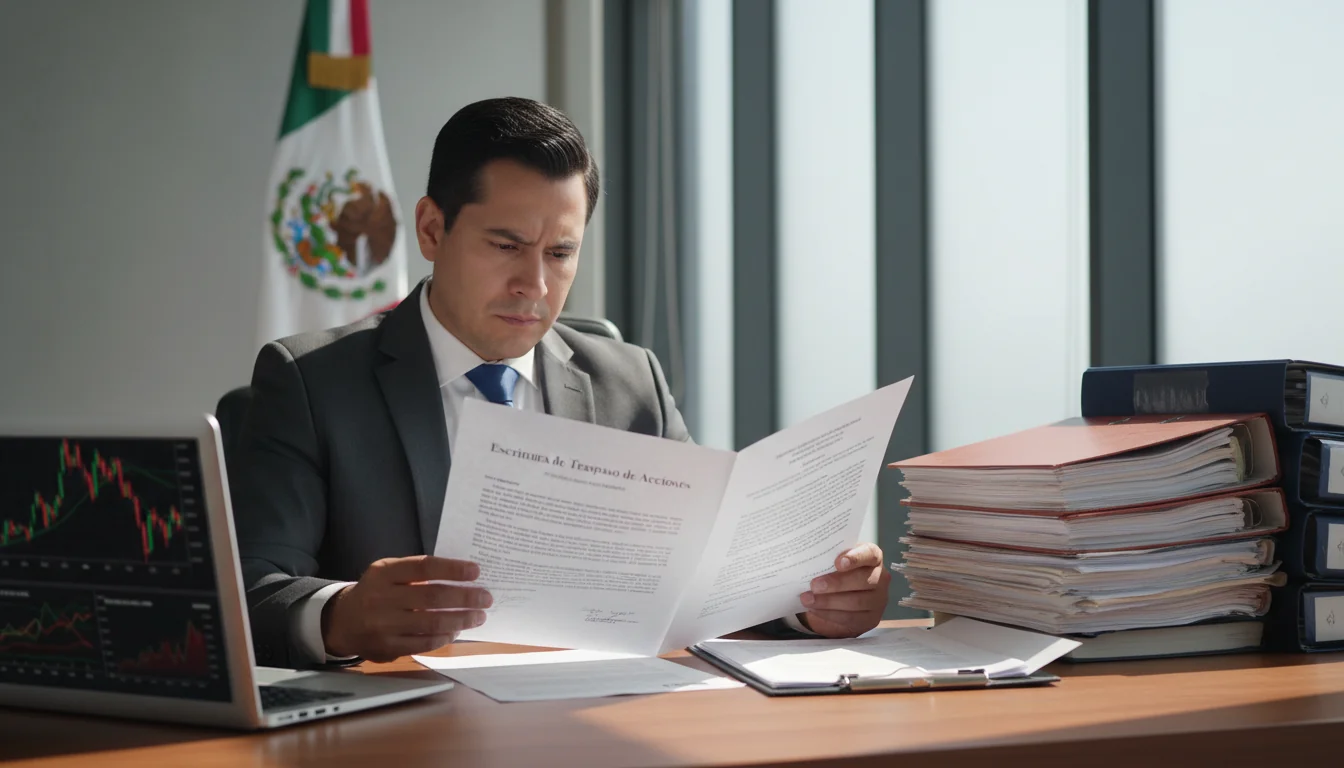 Mexican lawyer reviewing stock transfer contract