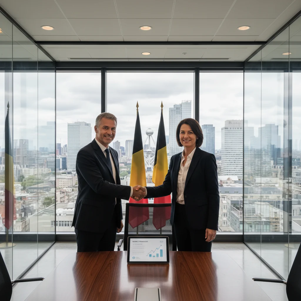 A professional business meeting in a modern Belgian office, with adults shaking hands over a table, symbolizing the transfer of company shares, photorealistic style, no children present.