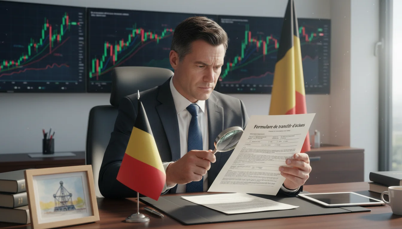 Belgian lawyer reviewing stock transfer form