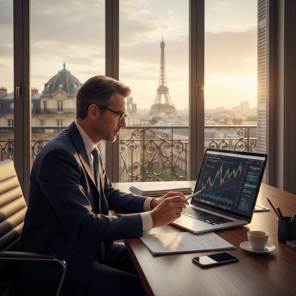A professional scene representing the transfer of securities in France, featuring an adult business professional in a modern office reviewing financial charts on a computer screen, with subtle French elements like a flag or Eiffel Tower view in the background, conveying trust and financial security.