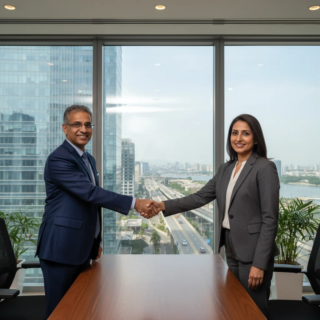 A photorealistic image of two professional adults in a modern Indian office setting, shaking hands over a desk to symbolize the transfer of shares in a business deal, conveying trust and partnership in the context of legal share transfer processes in India.