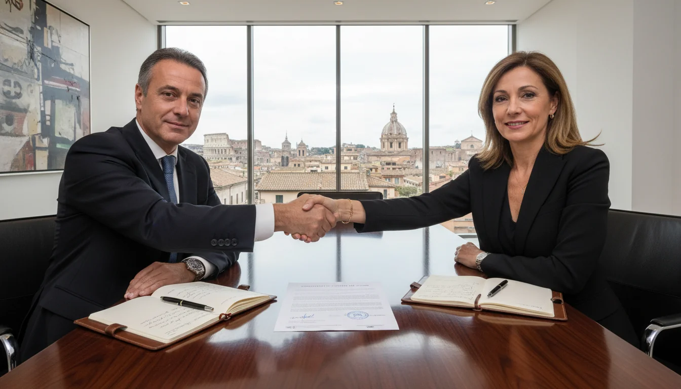 Businesspeople signing share transfer agreement