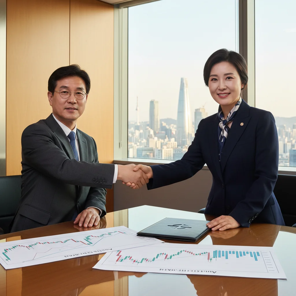 A photorealistic image of two professional adults in a modern South Korean office shaking hands over a stock transfer agreement, symbolizing a successful business deal in the stock market, with subtle Korean cultural elements like a Seoul skyline in the background, no children present.