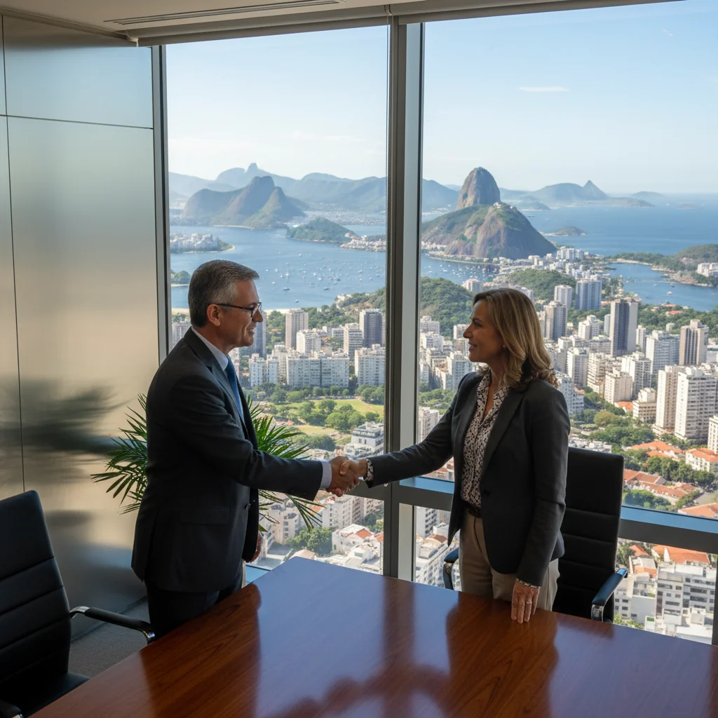 A photorealistic image of two professional adults in a modern Brazilian office, shaking hands over a conference table with a scenic view of Rio de Janeiro skyline in the background, symbolizing a stock transfer agreement between business partners, no documents visible, no children present.