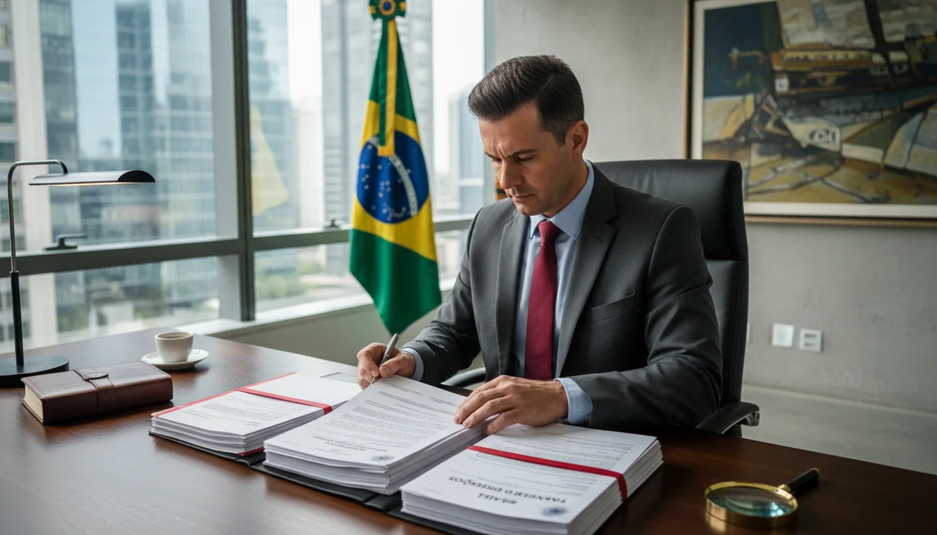 Brazilian lawyer reviewing stock transfer documents