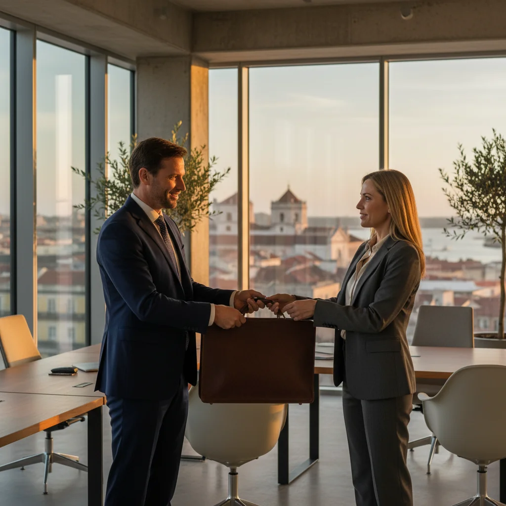 A professional scene in a modern Portuguese office where a businessperson is handing over a symbolic key or briefcase to another, representing the transfer of shares in a company, with subtle Portuguese elements like a flag or Lisbon skyline in the background. No children or legal documents visible.