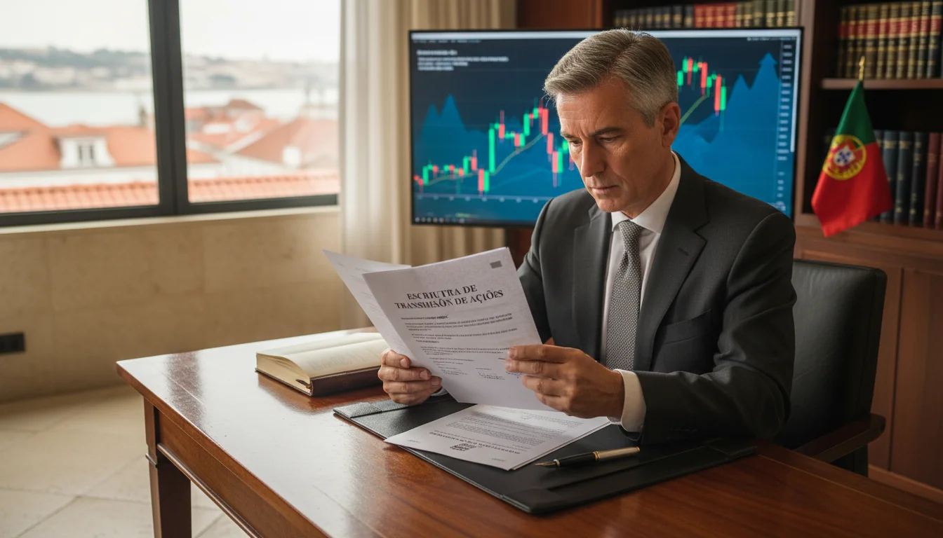 Portuguese lawyer reviewing stock transfer contract