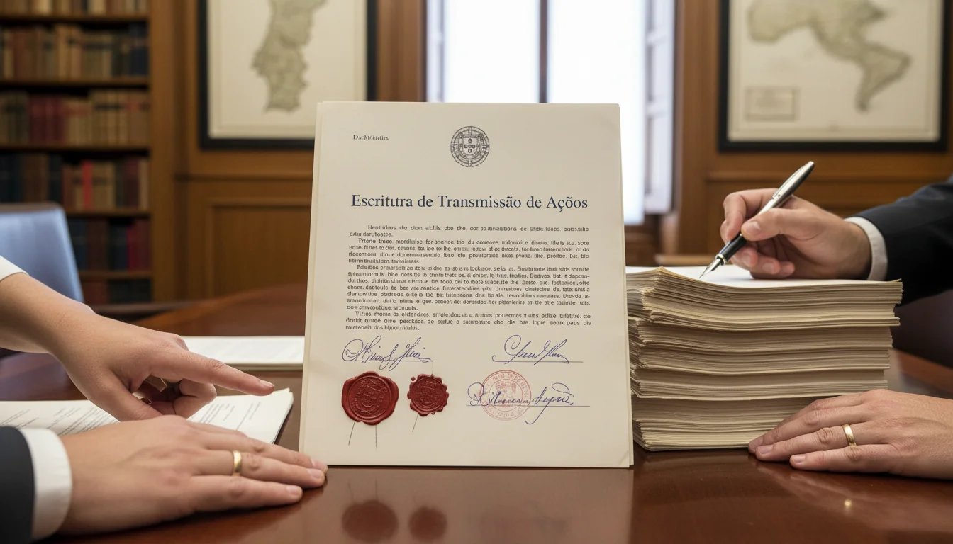 Stack of Portuguese stock transfer legal papers