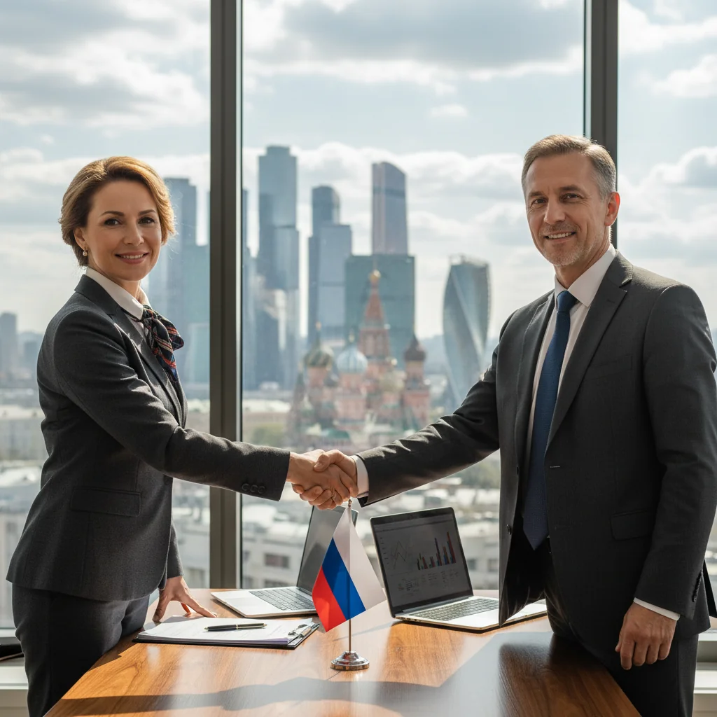 A photorealistic image of two professional adults in business attire shaking hands across a conference table in a modern Russian office, symbolizing a stock purchase agreement deal, with subtle Russian elements like a flag or Moscow skyline in the background.