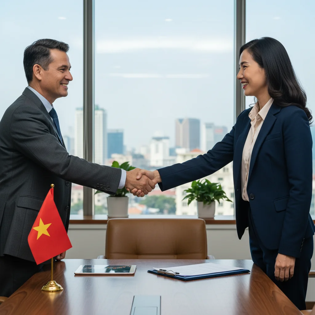 A photorealistic image of two professional business adults in a modern Vietnamese office, shaking hands over a conference table to symbolize a stock share transfer agreement, with subtle Vietnamese elements like a flag or Hanoi skyline in the background, conveying trust and business partnership.
