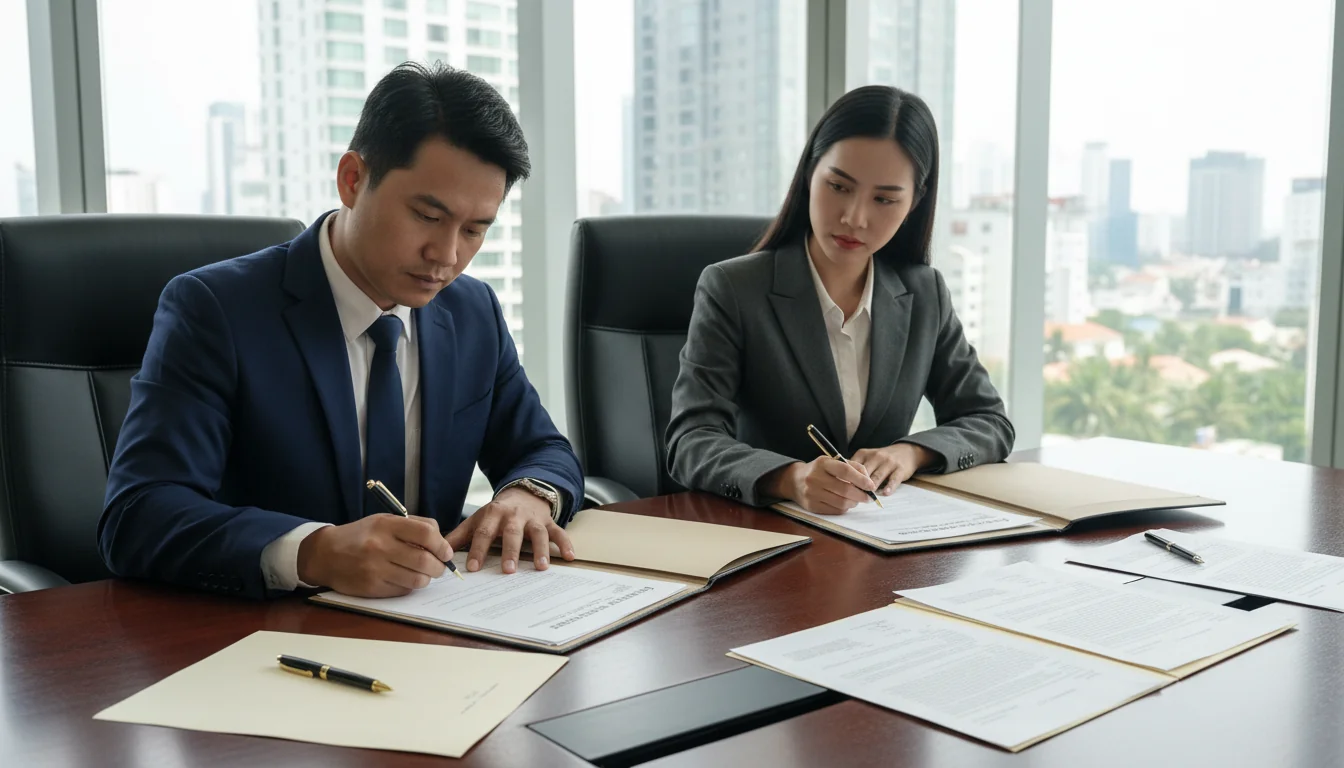 Signing stock transfer agreement in boardroom