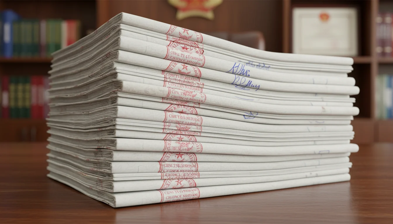 Vietnamese legal documents stack with seal