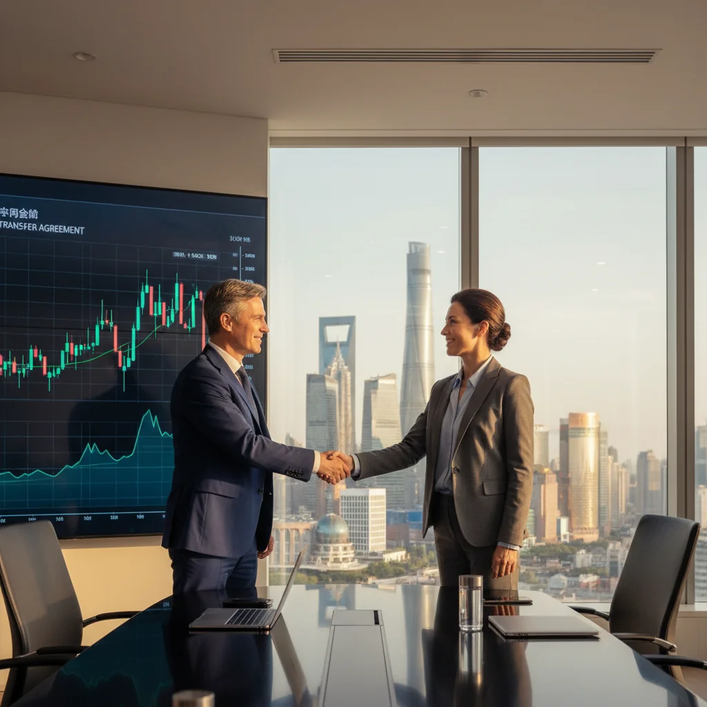 A photorealistic image of two professional adults in a modern Chinese office, shaking hands over a conference table with subtle stock market charts and graphs displayed on a digital screen in the background, symbolizing a stock transfer agreement, no children present, highly detailed and realistic photography style.
