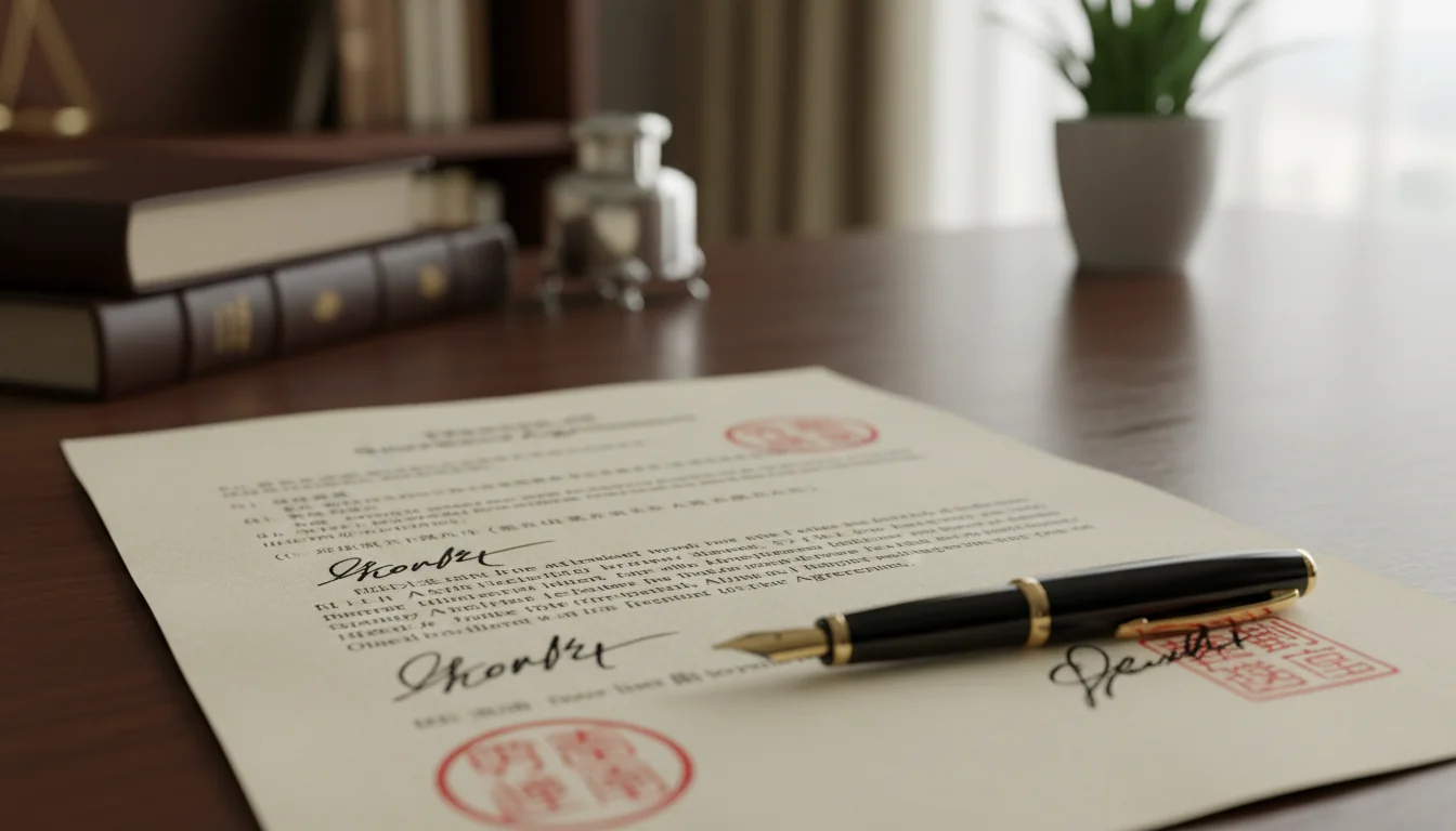 Close-up of signed Chinese stock transfer contract