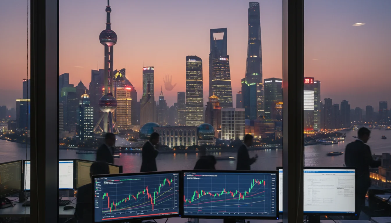 Shanghai skyline with stock market trading screens