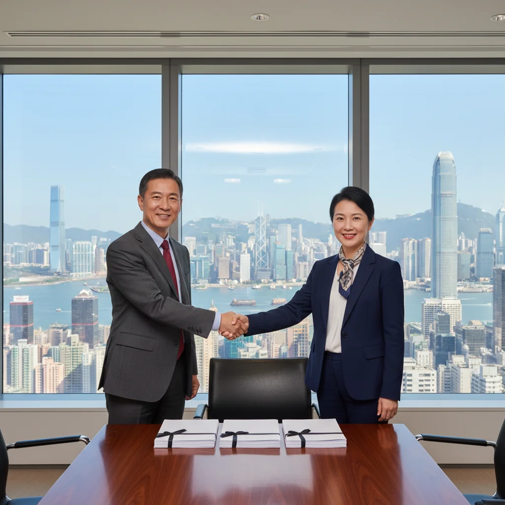 A photorealistic image of two professional adults in a modern Hong Kong office, shaking hands over a conference table with a view of the city skyline in the background, symbolizing a business stock transfer agreement.