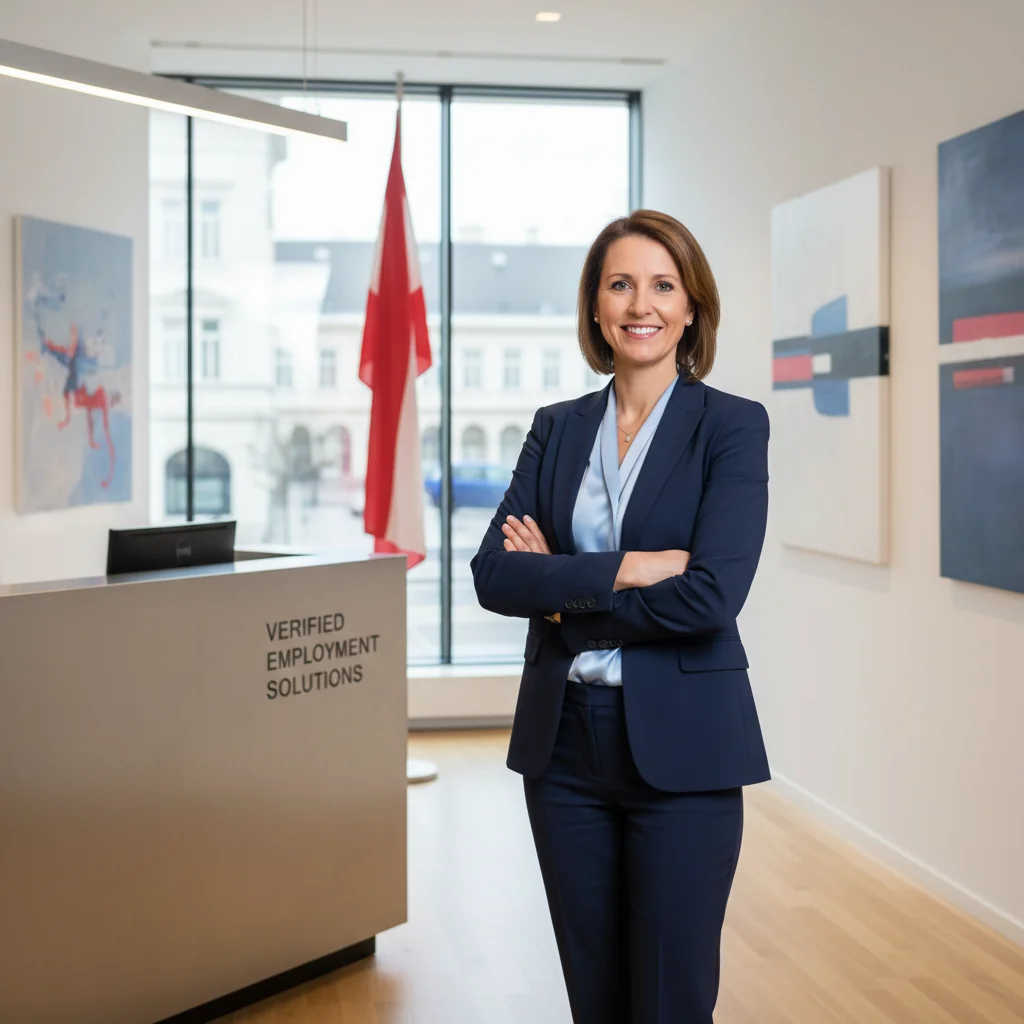 A photorealistic image representing the purpose of a Führungszeugnis in Austria, which is a criminal record certificate used for employment, such as in education or childcare, showing a professional adult caregiver in a safe, trusting environment with adult colleagues or in a professional setting, symbolizing trust and background checks without depicting any children.