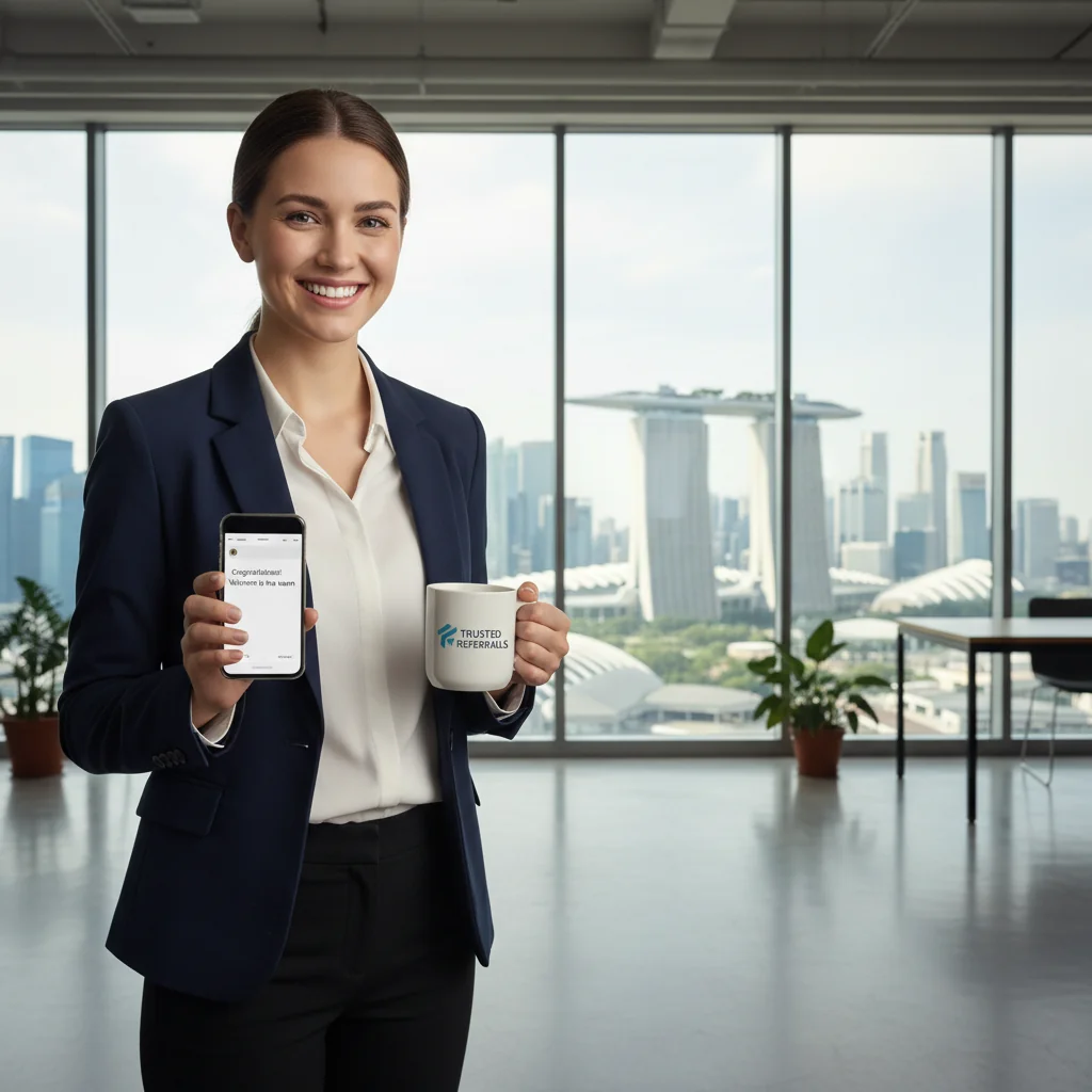 A photorealistic image of a professional adult in a modern Singapore office setting, looking confident and successful after receiving a job offer, symbolizing the role of reference letters in career advancement. The scene includes elements like the Singapore skyline visible through a window, a desk with a laptop, and the person smiling while holding a phone, perhaps in conversation with a mentor. No children are present in the image.
