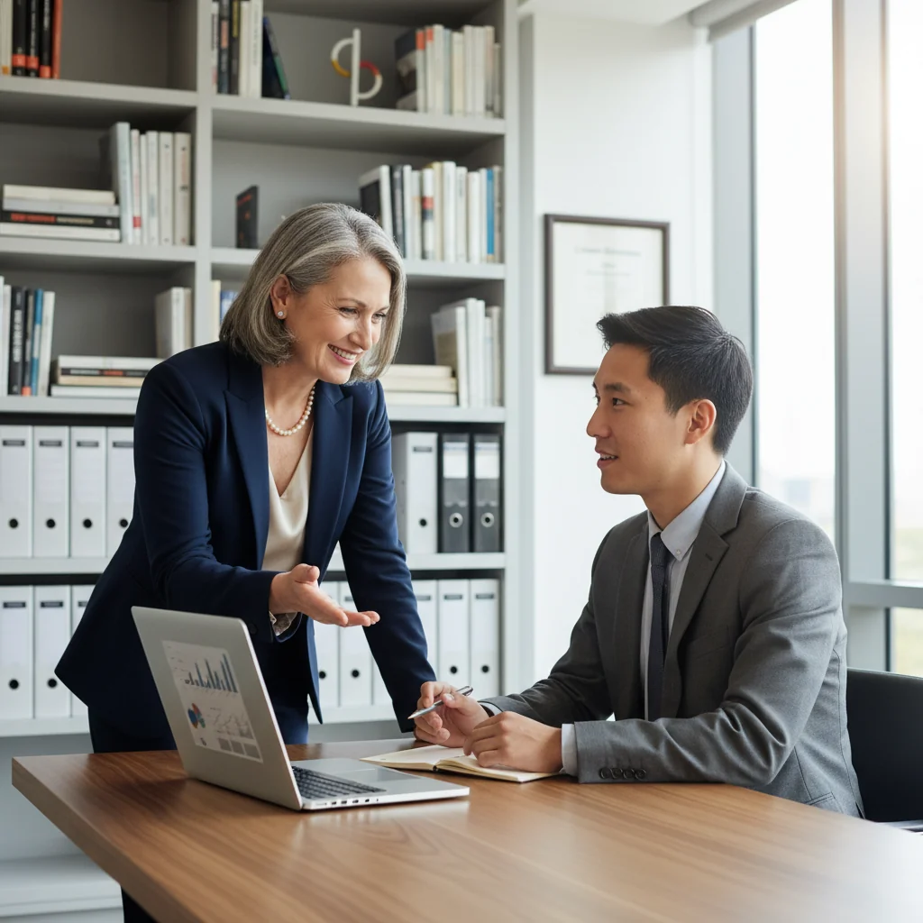 A photorealistic image of a professional adult mentor and a young adult student in a modern office setting, engaged in a supportive conversation about career advice, symbolizing the guidance provided by a recommendation letter. The scene conveys trust, achievement, and professional growth without any focus on documents.
