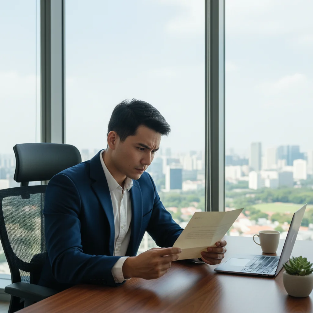 A photorealistic image of a professional adult in a modern Singapore office setting, carefully reviewing a reference letter with a focused expression, symbolizing the importance of accurate and effective reference letters in professional contexts.