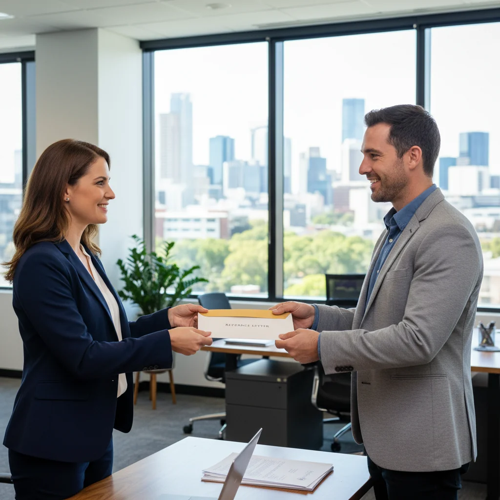 A photorealistic image of a professional adult handing a reference letter to another adult in a modern Australian office setting, symbolizing trust and endorsement in employment, with no children present.
