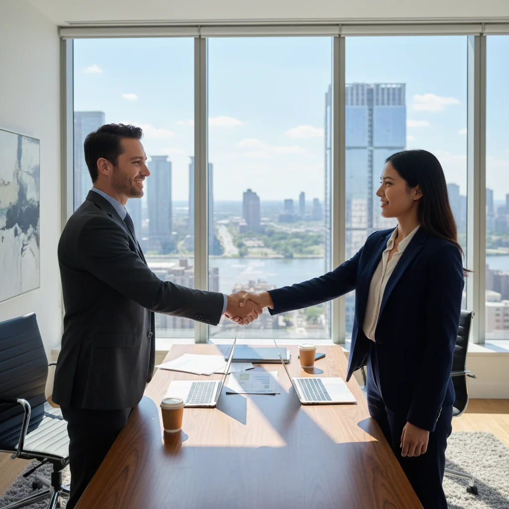 A photorealistic image of a professional adult shaking hands with a recruiter in a modern office setting, symbolizing career advancement and job opportunities through effective use of resumes and recommendation letters.