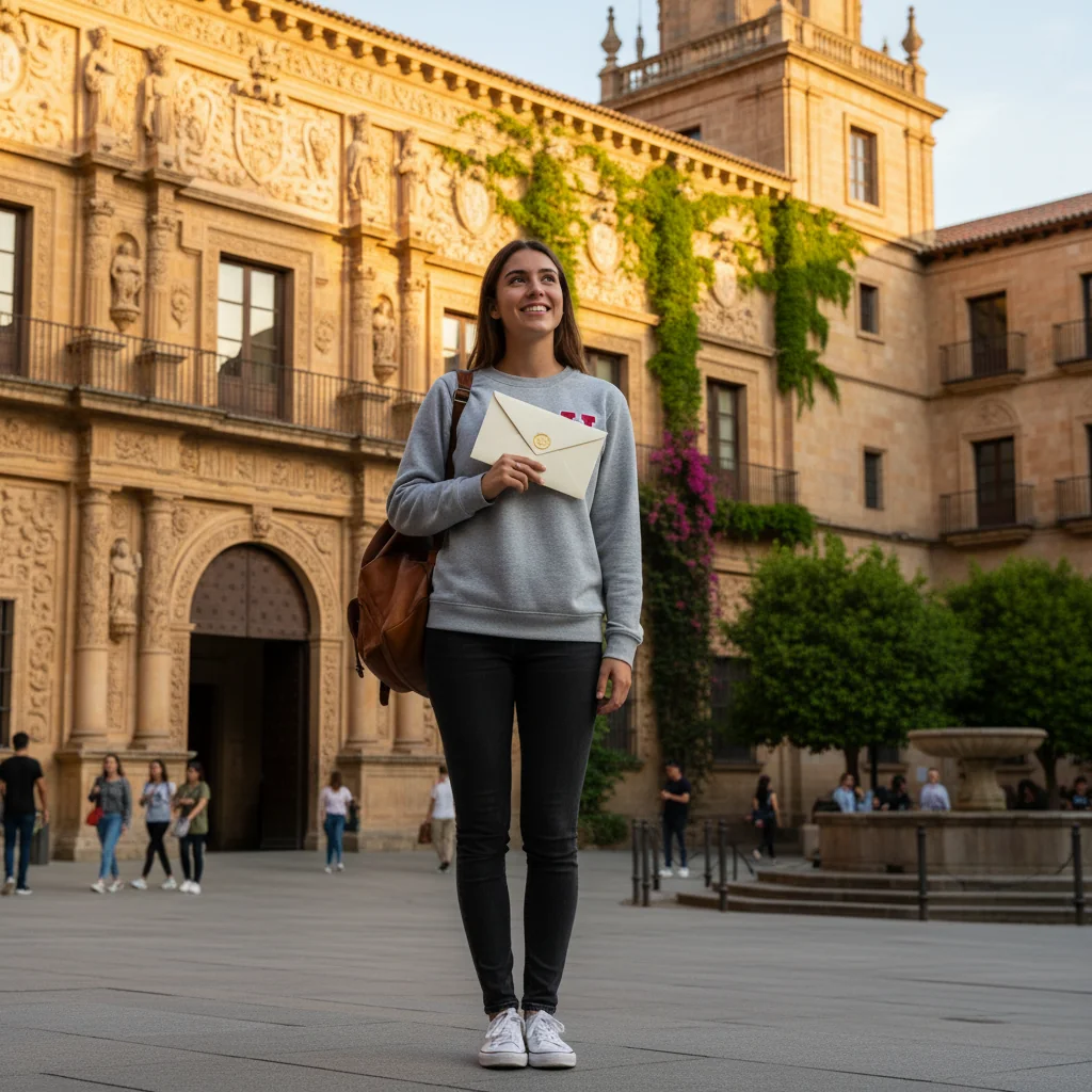 A photorealistic image of a young adult university student in Spain, standing confidently outside a historic Spanish university building with palm trees and architecture in the background, holding a sealed envelope symbolizing a recommendation letter, smiling with excitement about academic opportunities, no children present.