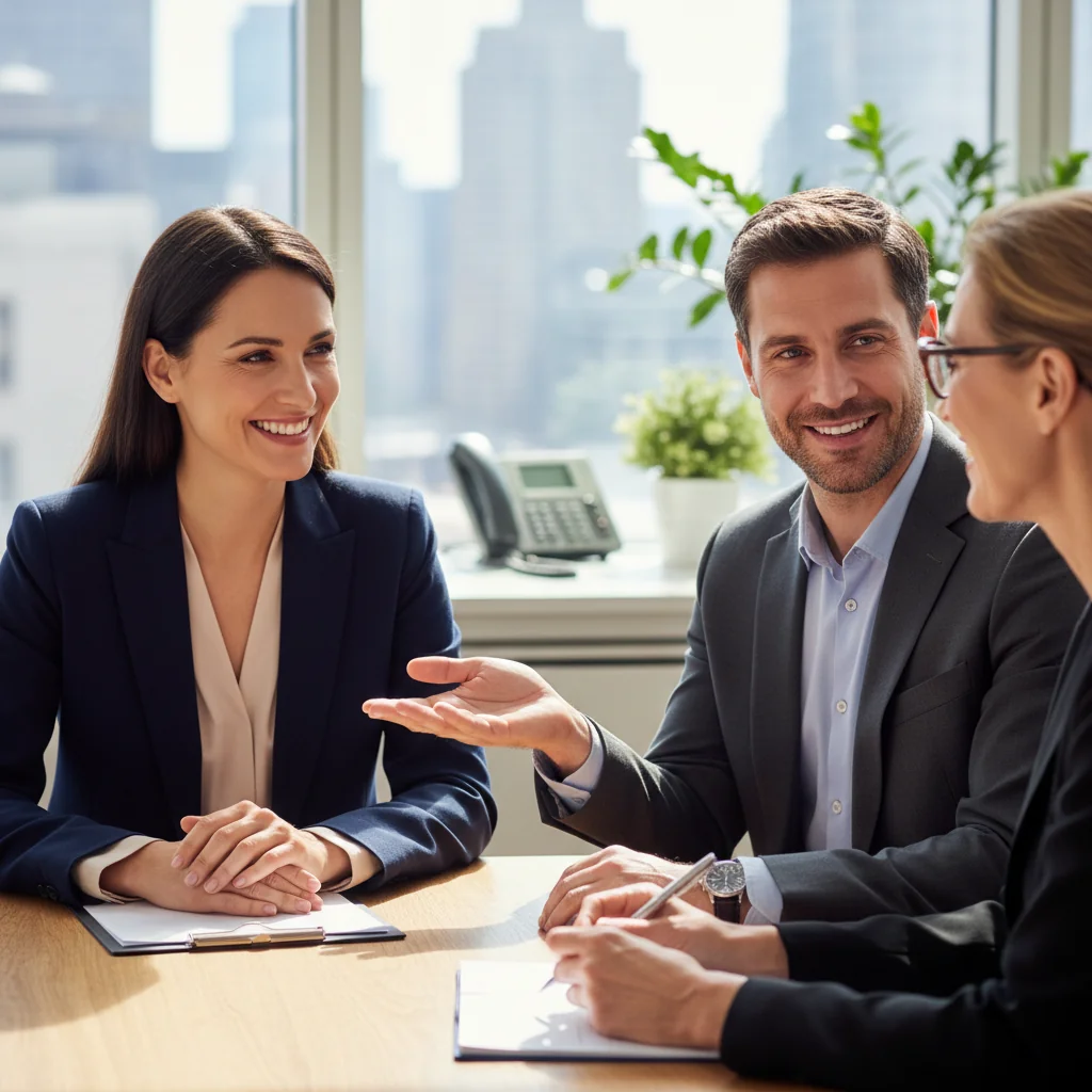 A photorealistic image of a professional adult recommending a colleague during a job interview in a modern office setting, symbolizing the purpose of a recommendation letter without showing any documents.