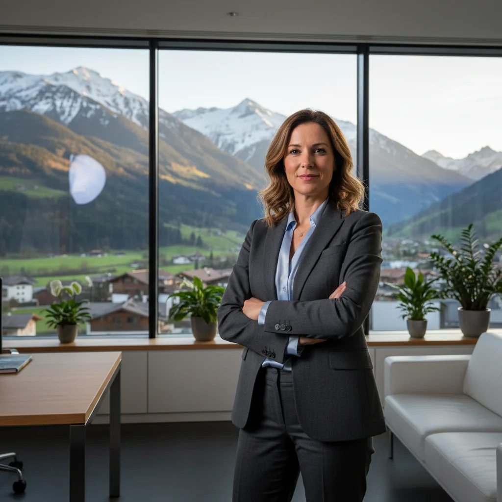A photorealistic image of a confident adult professional woman in business attire, standing in a modern Austrian office environment with subtle national elements like a flag or mountain view in the background, symbolizing leadership and management responsibilities without focusing on any documents.