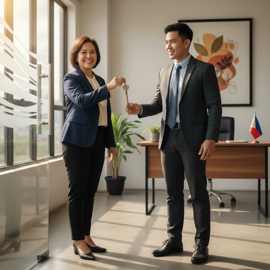 A photorealistic image of a professional mentor in the Philippines guiding a young adult mentee in a modern office setting, symbolizing the supportive nature of a letter of recommendation, with Philippine cultural elements like a window view of Manila skyline in the background, conveying aspiration and opportunity for career advancement.